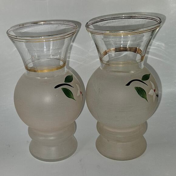 Pair Vintage 6" Frosted Glass Vases Hand Painted White Flowers Green Leaves Gold - Picture 4 of 8